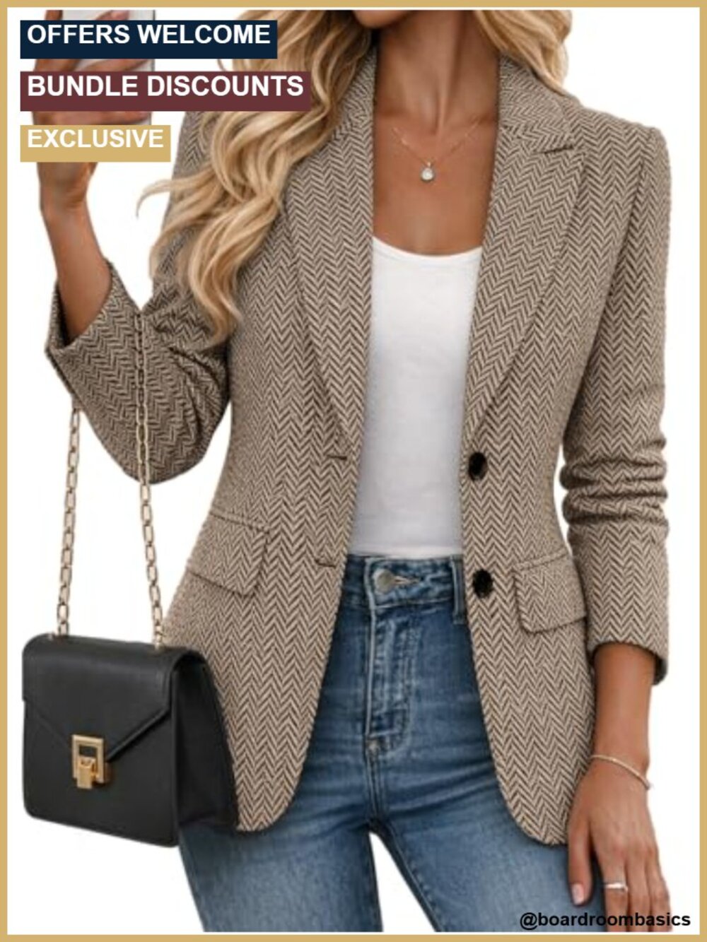 Women's Herringbone Tweed Blazer Suit Jacket Business Casual